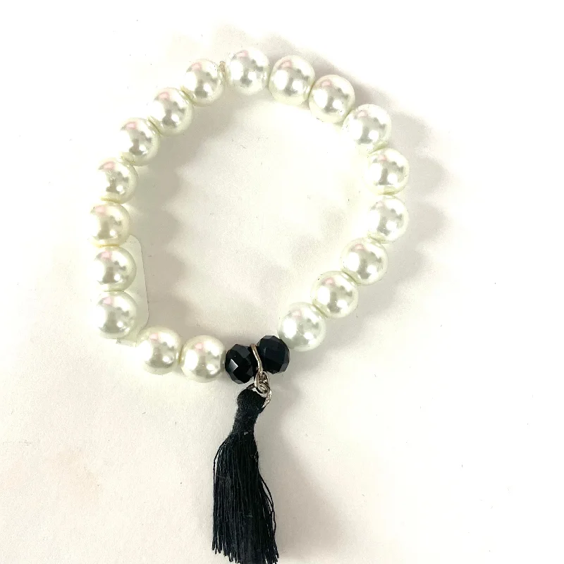 Bracelets with rough jade for natural calm -Pearl Stretch Bracelet w/Black Tassle