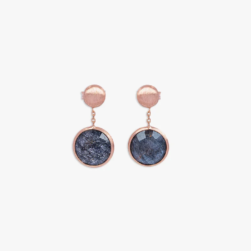 Drop Earrings with Hammered Finish -14K satin rose gold Kensington drop earrings with black rutilated quartz