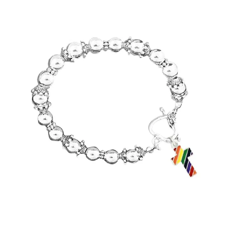 Bangles with herkimer diamonds for raw clarity -Rainbow Flag Cross Silver Beaded Bracelet