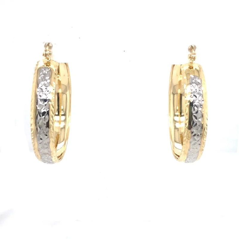 Drop Earrings for Shopping Trip -Etched Detail Flat Hoop Earrings - 14kt Two-Tone Gold