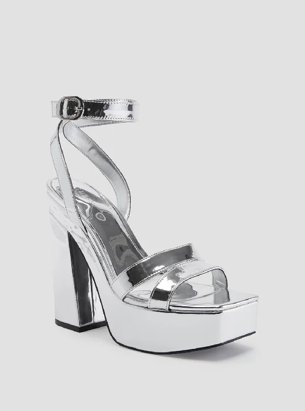 High-heeled sandals for women with thin straps and metallic shine for evening wear-Silver Kameda Metallic High Heels