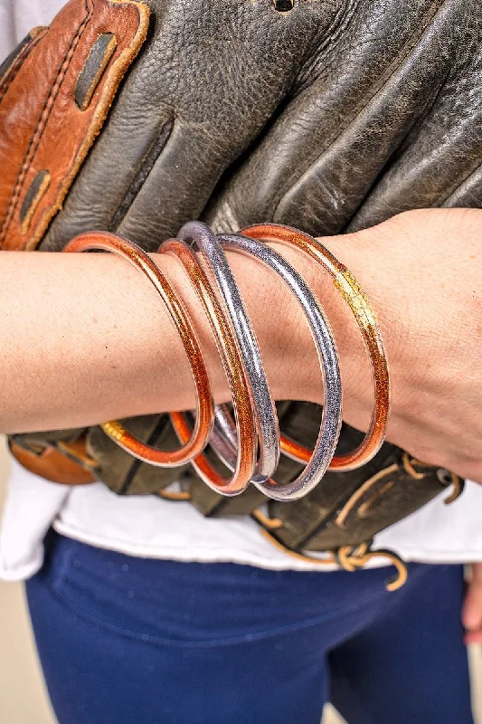 Bracelets with woven leather for rustic style -SALE 75% OFF! Refuse To Lose Burnt Orange and Blue Glitter Jelly Tube Bracelet Set