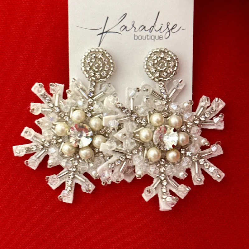 Crystal and Pearl Drop Earrings for Glamour -Snow Problem White Embellished Earrings