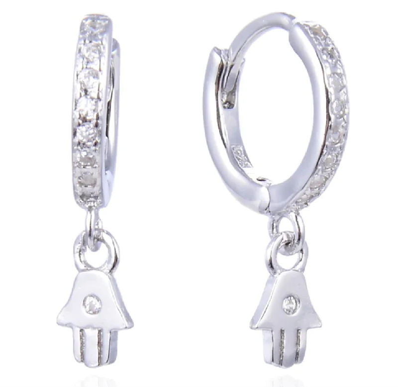 Long Drop Earrings for Dramatic -Cz Mini Hamsa Huggies