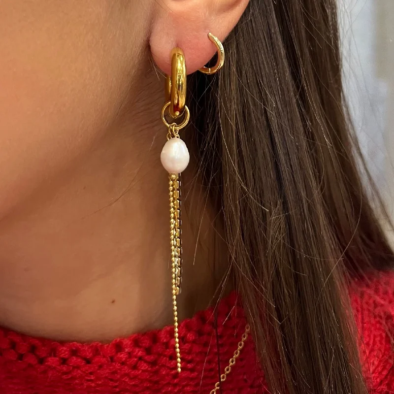 Gold Drop Earrings for Women -Clare Pearl & Gold Charm Huggie Earrings