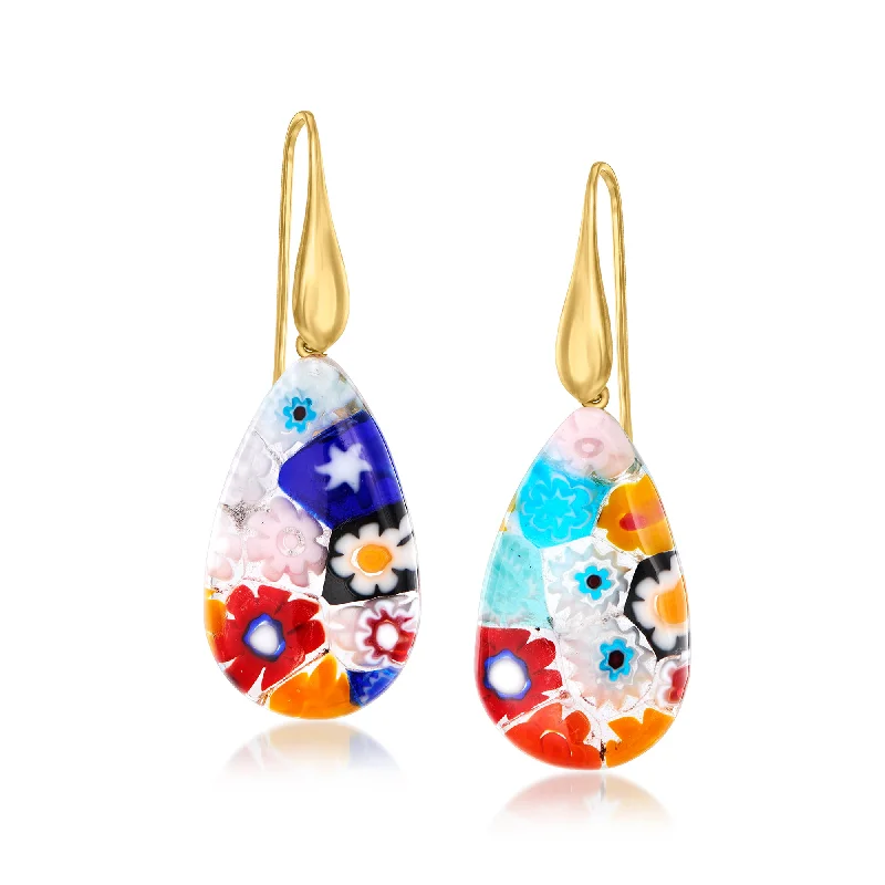 Drop Earrings with Chevron Designs -Ross-Simons Italian Multicolored Millefiori Murano Glass Teardrop Earrings With 18kt Gold Over Sterling