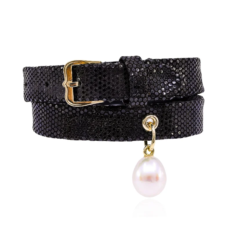 Bangles with vintage emerald for rich luxury -EXCLUSIVELY NINA 14K YELLOW GOLD BLACK SKIN LEATHER PEARL BRACELET/CHOKER