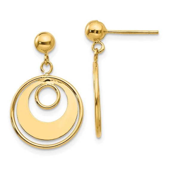 Heart Shaped Drop Earrings for Love -Satin and Polished Triple Circle Design Dangle Earrings - 14kt Yellow Gold