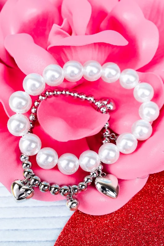 Bangles with rose-cut gems for vintage -Heart To Heart  Silvertone and Pearl Heart Beaded Bracelet Set