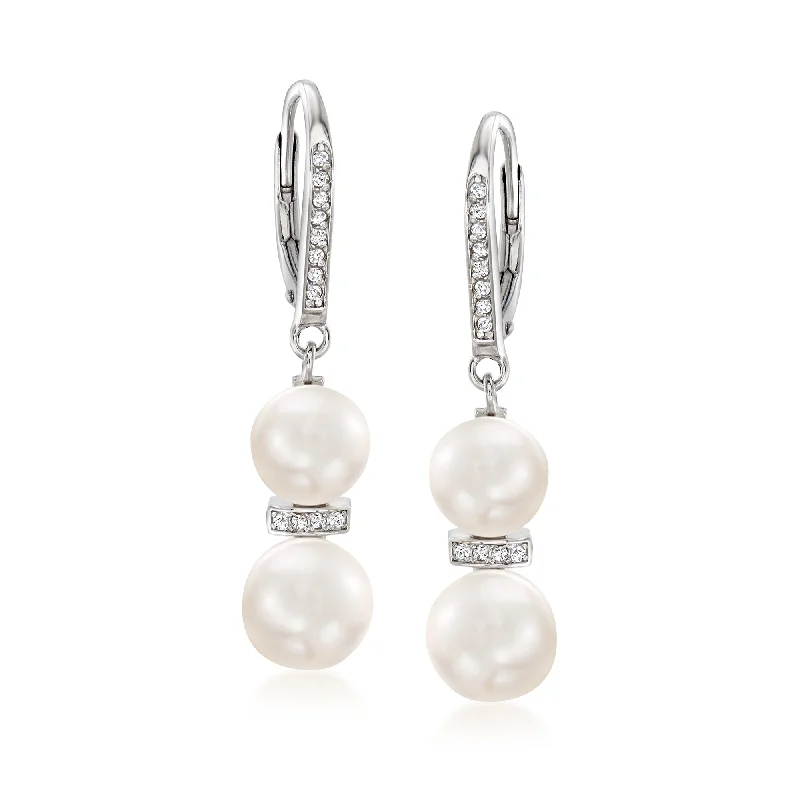 Minimalist Drop Earrings with Simplicity -Ross-Simons 7.5-9mm Cultured Pearl and . Diamond Drop Earrings in Sterling Silver