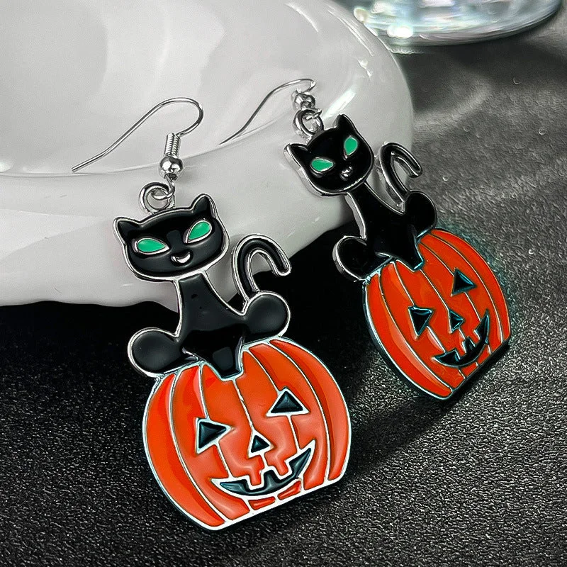 Drop Earrings with Etched Designs -Wholesale Halloween Personalized Creative Black Cat Pumpkin Earrings