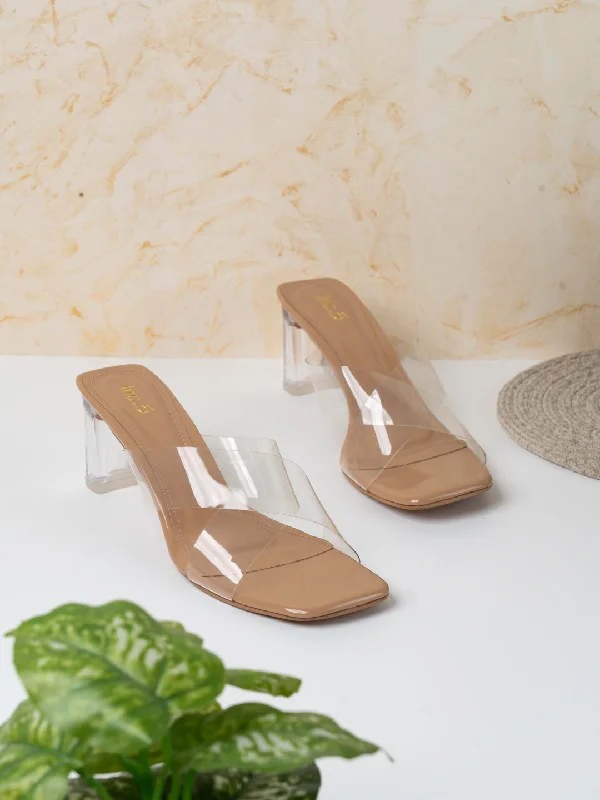 Comfortable sandals for men with textured footbed and durable straps for long wear-Womens Beige Party Wear Transparent Open Toe Heels