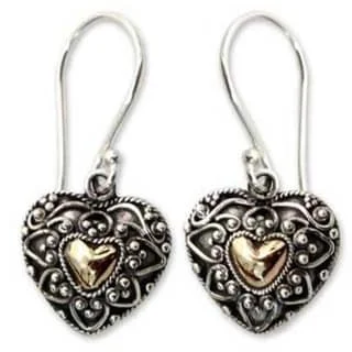 Drop Earrings with Floral Motifs -Handmade Sterling Silver 'Sweetheart' Heart Earrings (Indonesia)