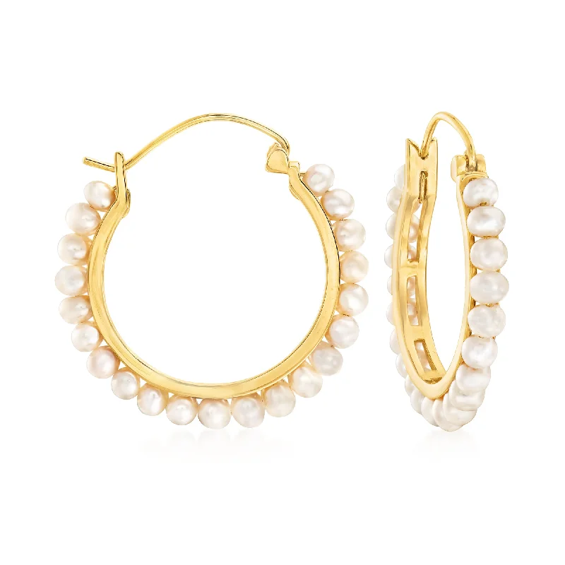 Drop Earrings with Hammered Finish -Ross-Simons 3-3.5mm Cultured Pearl Hoop Earrings in 18kt Gold Over Sterling