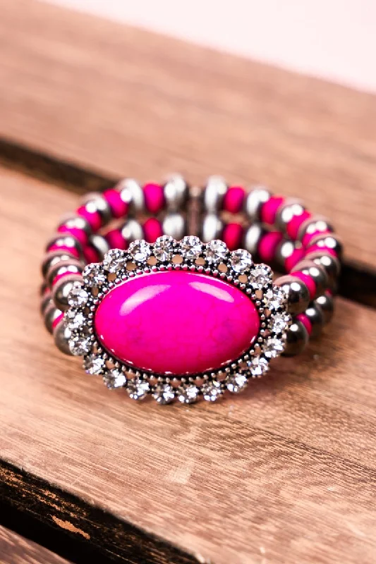 Bangles with rose-cut gems for vintage -Fuchsia Berkeley Silvertone Beaded Bracelet Set