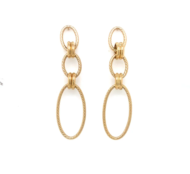 Drop Earrings with Hammered Finish -Triple Open Oval and Link Design Dangle Earrings - 14kt Yellow Gold