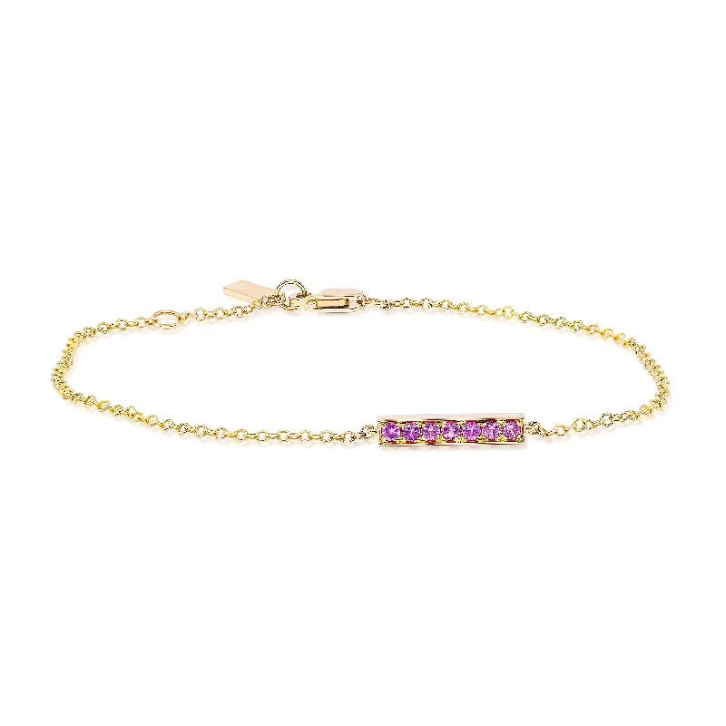 Bracelets with polished turquoise for boho style -18K YELLOW GOLD PINK SAPPHIRE BAR BRACELET