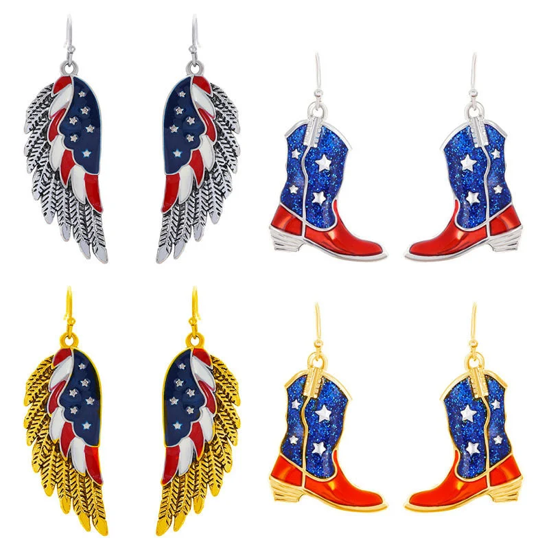 Drop Earrings with Wave Designs -Wholesale American Independence Day Flag Wings Boots Earrings