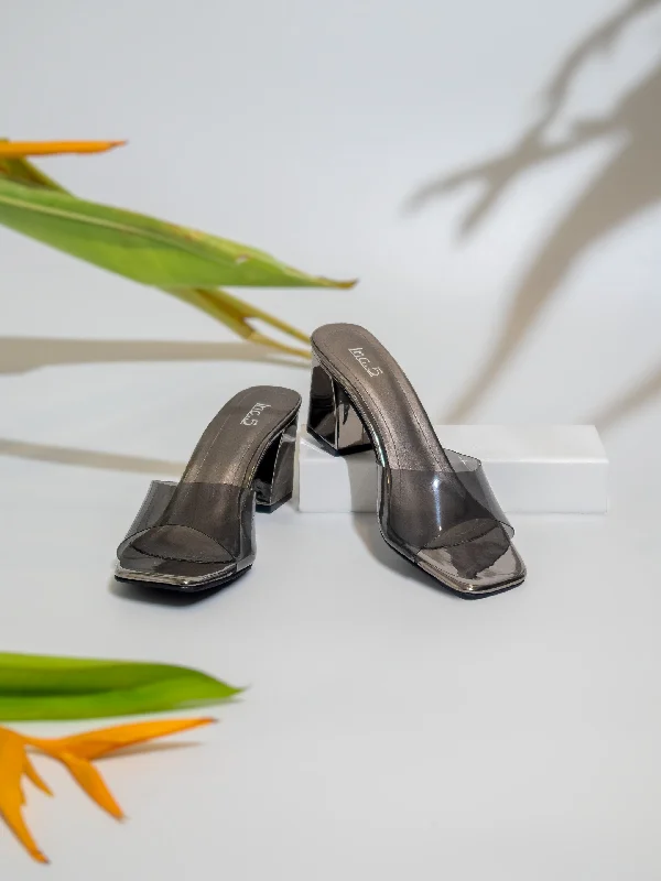 Stylish sandals for women with unique buckle details and flat design-Women Gun Metal Transparent Block Heels