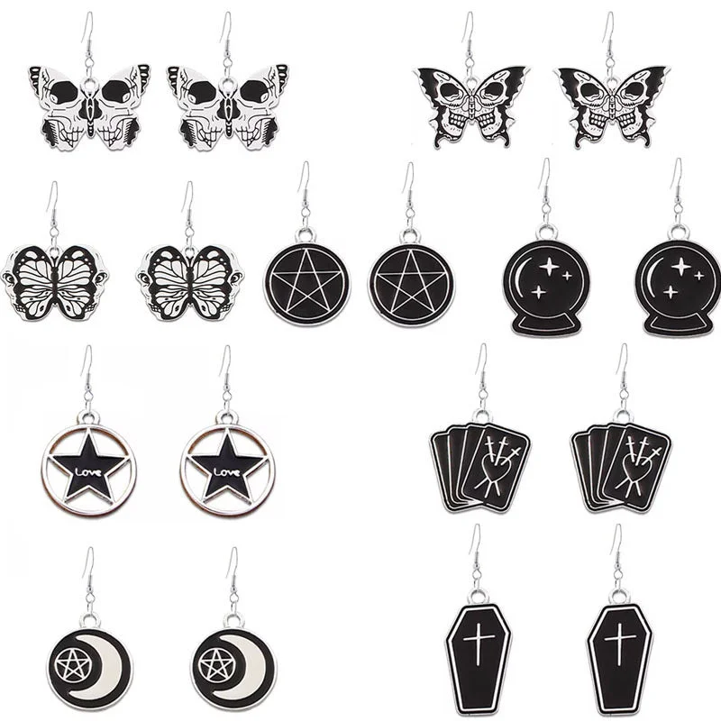 Drop Earrings with Abstract Designs -Wholesale Halloween Punk Style Dark Butterfly Skull Series Skull Alloy Earrings