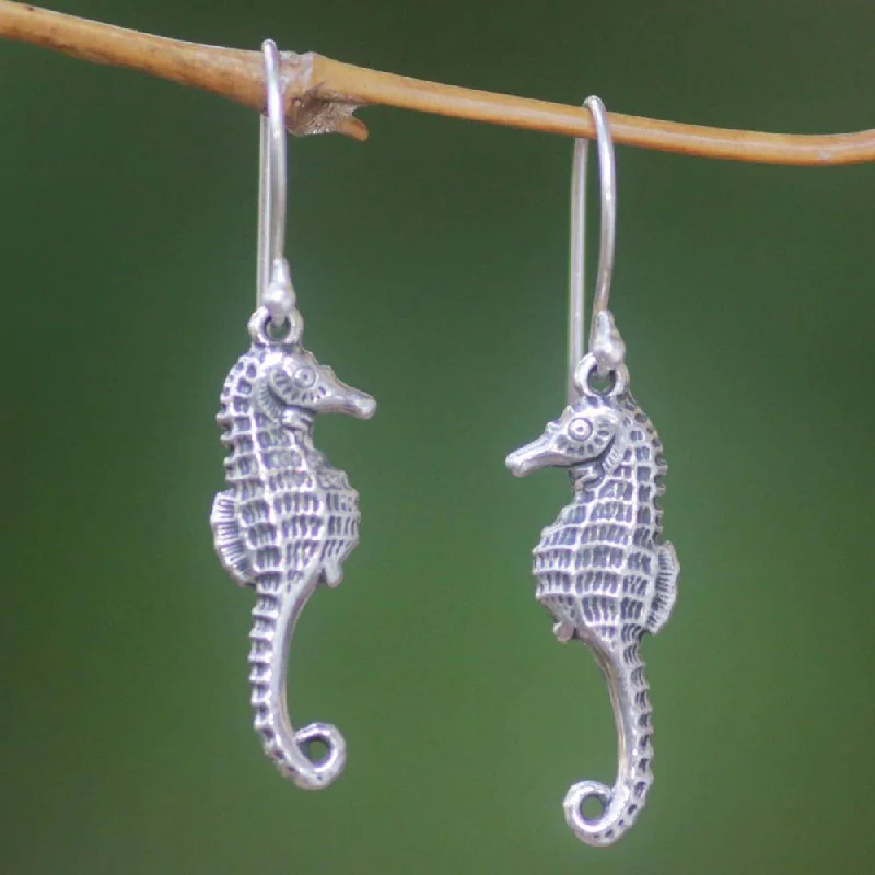 Clip On Drop Earrings for Non Pierced -Handmade Sterling Silver Sea Horse Couple Earrings (Indonesia) - 10mm W * 41mm L