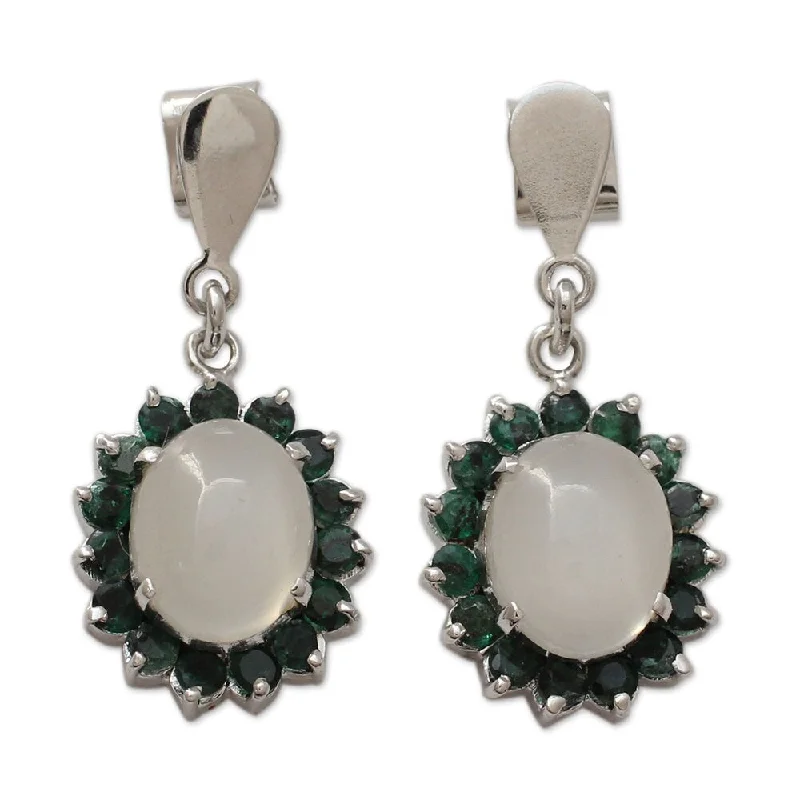 Drop Earrings for Work Attire -Handmade Sterling Silver 'Love and Devotion' Emerald Moonstone Earrings (India) - 1.3L*0.6W