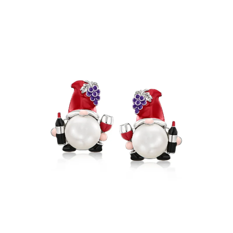 Drop Earrings for School Uniform -Ross-Simons 8-8.5mm Cultured Pearl Wine Gnome Earrings With Multicolored Enamel in Sterling Silver