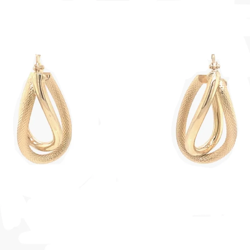 Drop Earrings for Festival Style -Textured and High Polish Double Oval Hoop Earrings - 14kt Yellow Gold