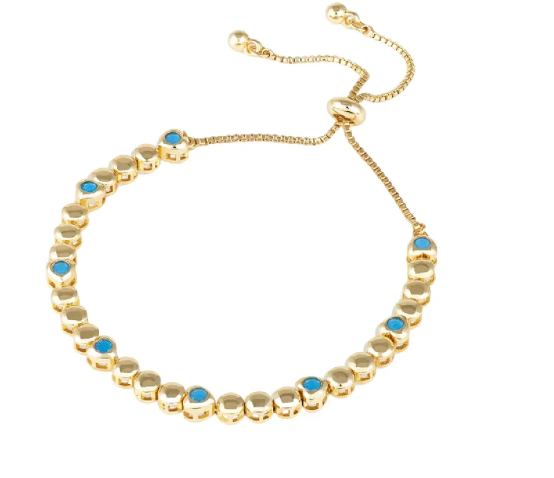 Bangles with labradorite stones for mystic flash -Bezel Set Turquoise & Gold Pull Bracelet