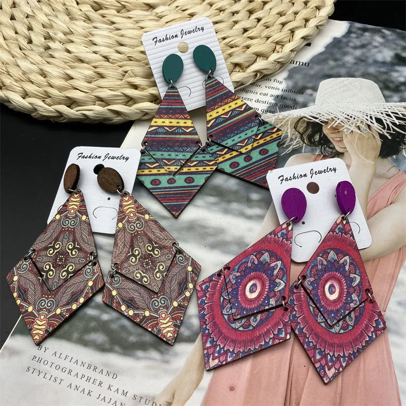 Square Drop Earrings for Modern -Wholesale Antique Bohemian Printed Wood Earrings