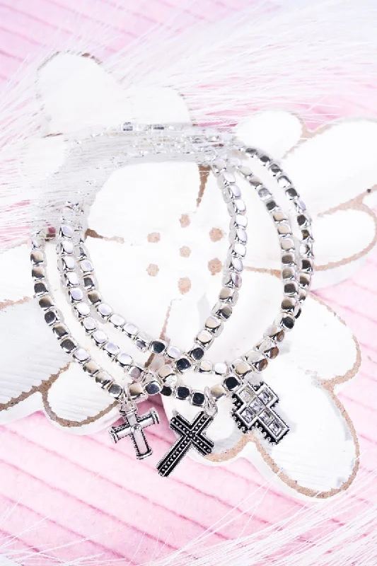 Bracelets with engraved messages for sentiment -Silvertone Cross Box Beaded Stretch Bracelet Set