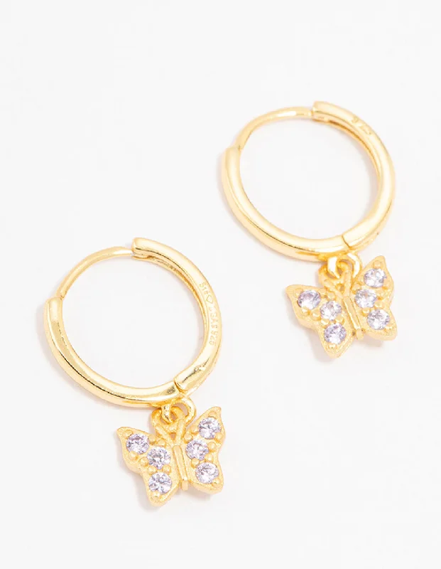 Drop Earrings with Animal Motifs -Lovisa Gold Plated Sterling Silver Cubic Zirconia Butterfly Charm Earrings | Premium Gold Plated on 925 Sterling Silver | Hypoallergenic | On-Trend Classics