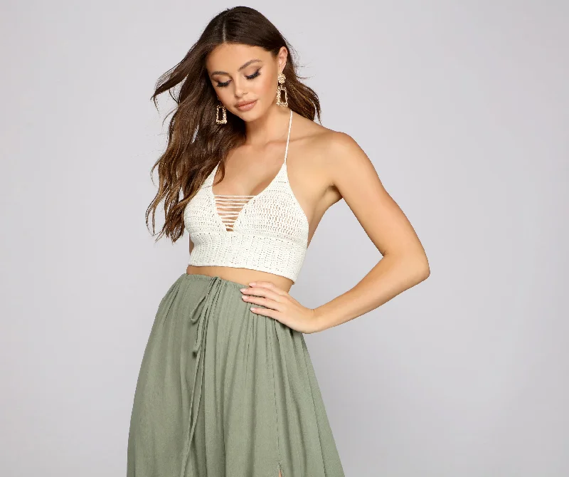 Sexy lace crop top for women with sheer material and feminine design-Wanderlust Moment Crochet Crop Top