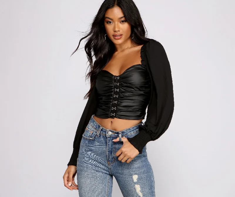 Cropped halter top for women with neck tie and summer-ready look-Hooked on Glam Faux Leather Crop Top