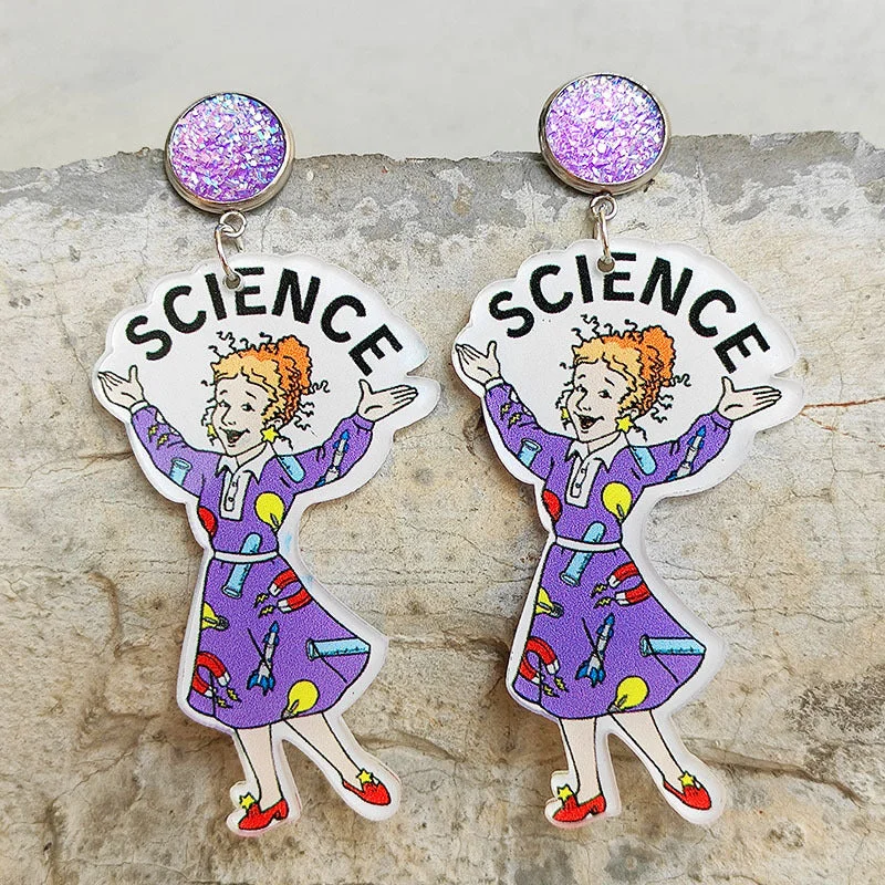 Drop Earrings with Hammered Finish -Wholesale Science Rainbow Alphabet Acrylic Bright Purple Earrings