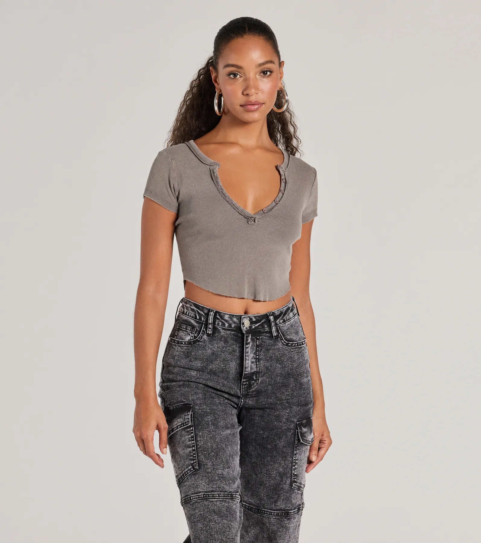 Sexy lace crop top for women with sheer material and feminine design-Girl Next Door Ribbed Knit Henley Crop Top