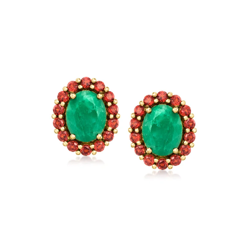 Drop Earrings for Anniversary -Ross-Simons Emerald and Garnet Halo Earrings in 18kt Gold Over Sterling