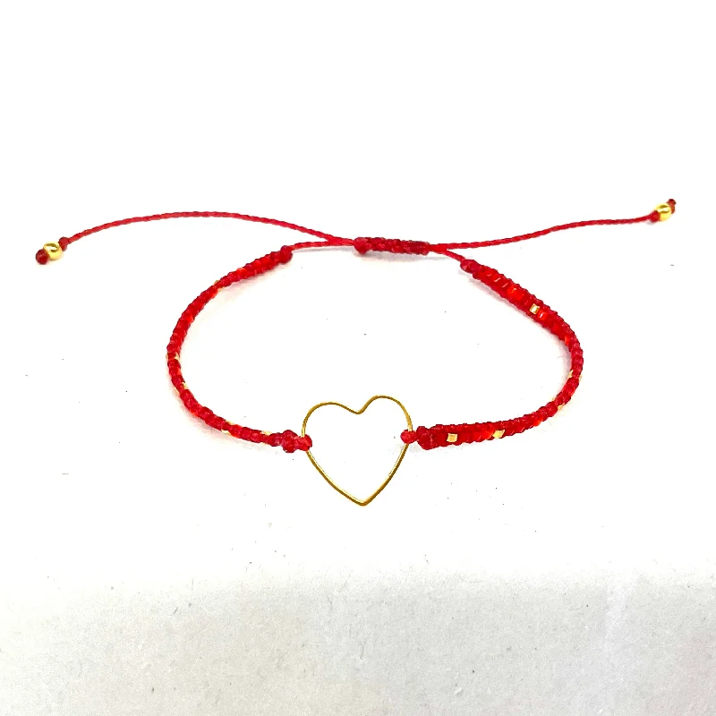 Bracelets with rough jade for natural calm -Red Beaded Adjustable Bracelet With Gold Heart