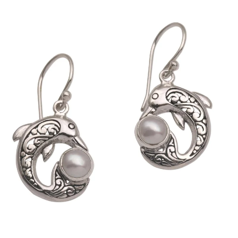 Detachable Drop Earrings with Charms -NOVICA Dolphin Gift, Cultured pearl dangle earrings - 1.3L*0.7W