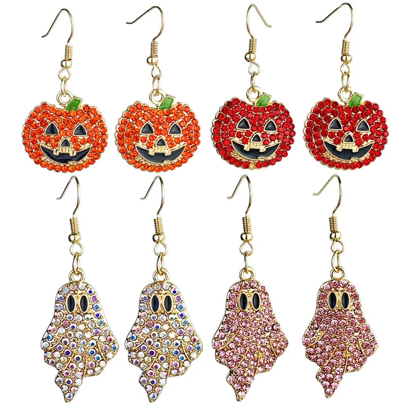 Gold Drop Earrings for Women -Wholesale 2 Pairs/pack Halloween Pumpkin Ghost Diamond Earrings