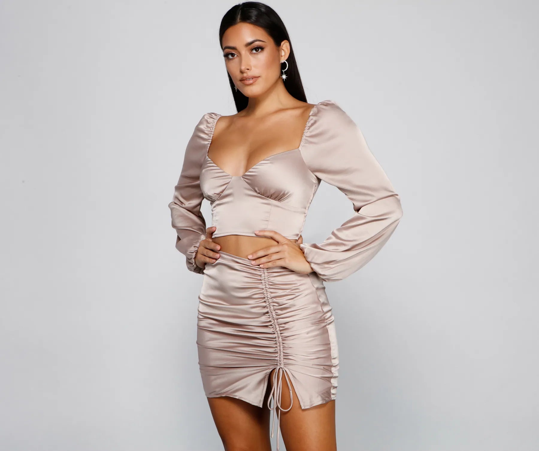 Cropped long sleeve shirt for women with ribbed texture and casual look-Dreamy And Chic Satin Crop Top