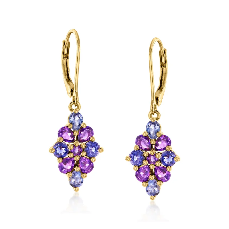 Drop Earrings with Textured Surface -Ross-Simons Multi-Gemstone Floral Cluster Drop Earrings in 18kt Gold Over Sterling