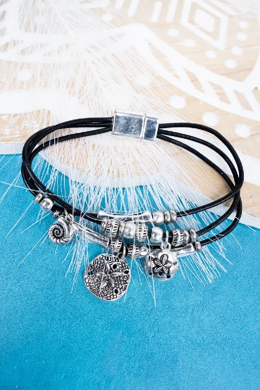 Bangles with polished jade for smooth calm -SALE! Sand Dollar Charm Black Cord Magnetic Bracelet