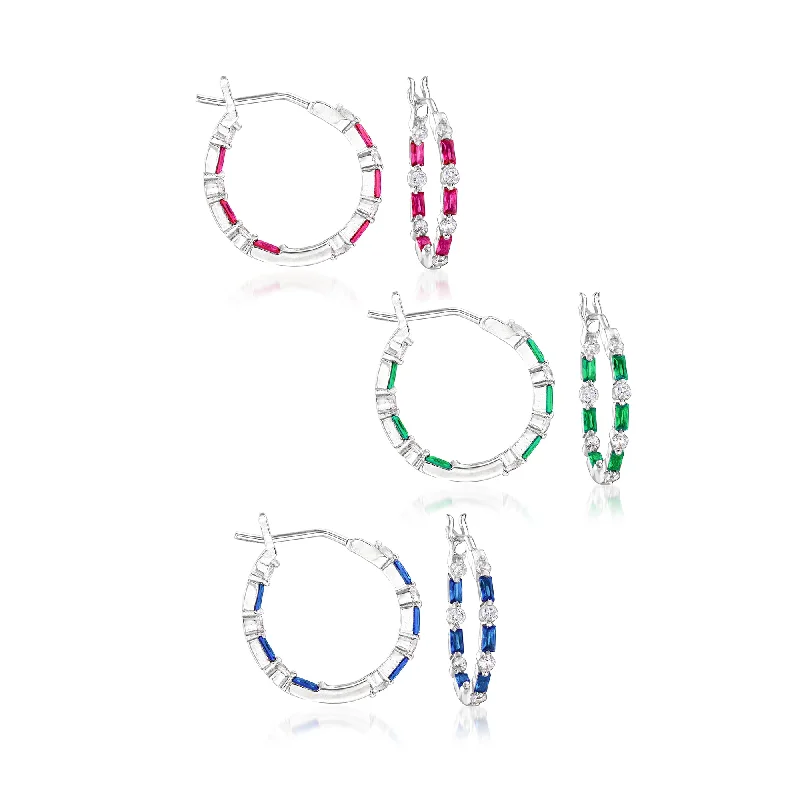 Diamond Drop Earrings for Luxury -Ross-Simons CZ and Multi-Gemstone Jewelry Set: 3 Pairs Of Hoop Earrings in Sterling Silver