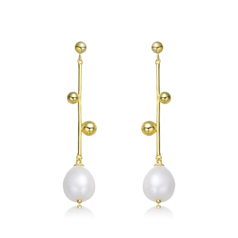 Drop Earrings with Embossed Patterns -GENEVIVE Sterling Silver Gold Plating Freshwater Pearl Dangling Earrings