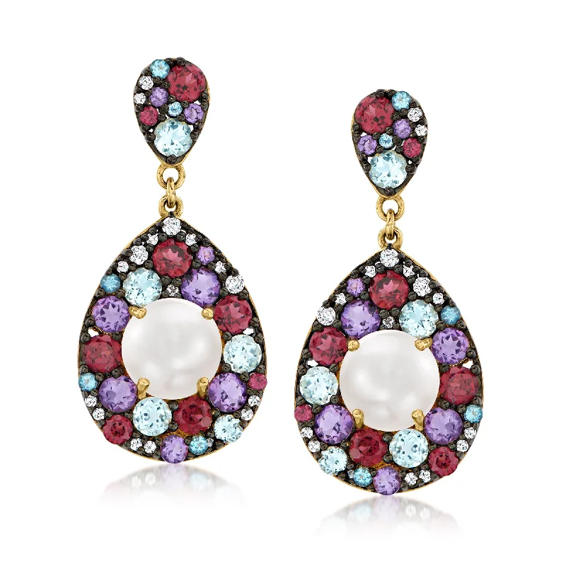 Drop Earrings for Fitness Activities -Ross-Simons 10-10.5mm Cultured Pearl and Multi-Gemstone Drop Earrings in 18kt Gold Over Sterling