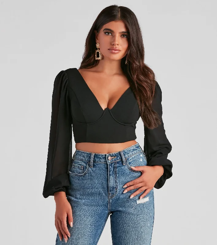 Cropped knit sweater for women with soft fabric and chic design-Chic Look Chiffon Sleeve Crop Top