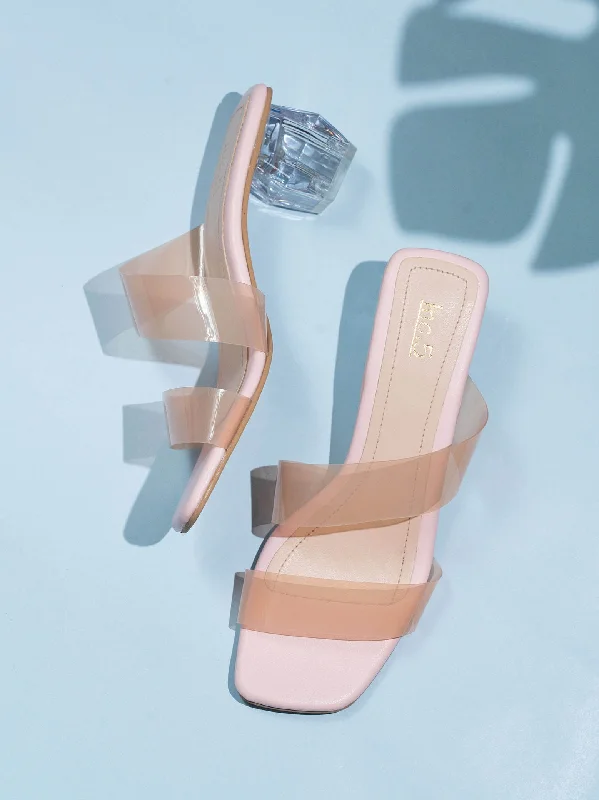 Fashionable sandals for women with metallic straps and bold color combinations-Women Peach Transparent Double Straps Block Heels