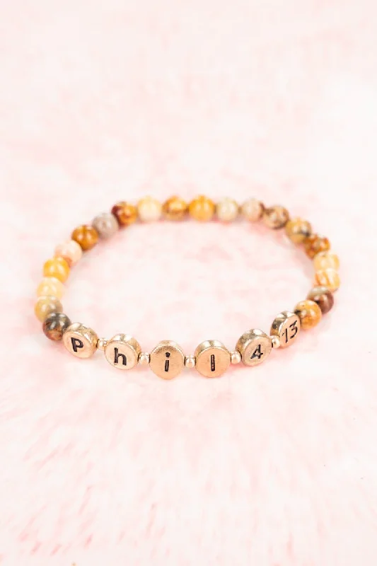 Bangles with hammered silver for rustic appeal -SALE! Alayna Brown Goldtone 'Phil 4:13' Beaded Bracelet