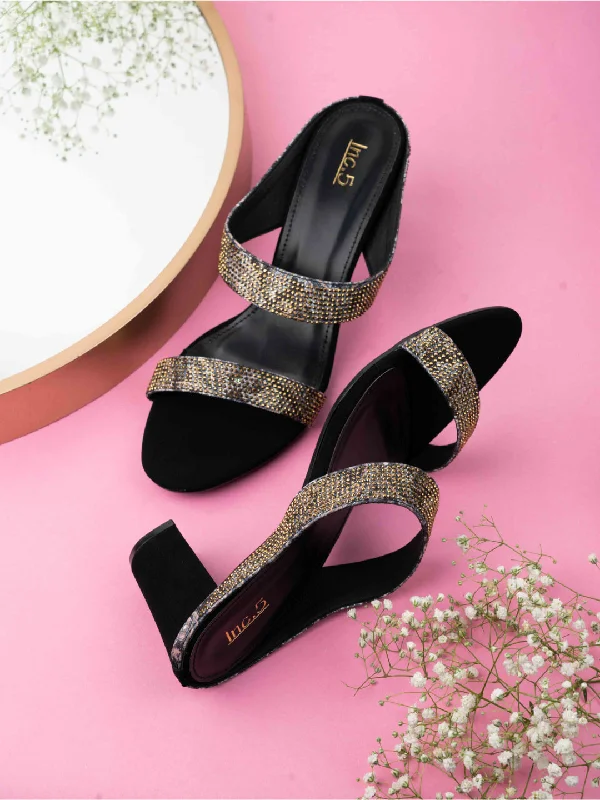 Comfortable sandals for women with contoured footbed and easy-to-adjust straps-Womens Black Ethnic Printed Round Toe Block Heels